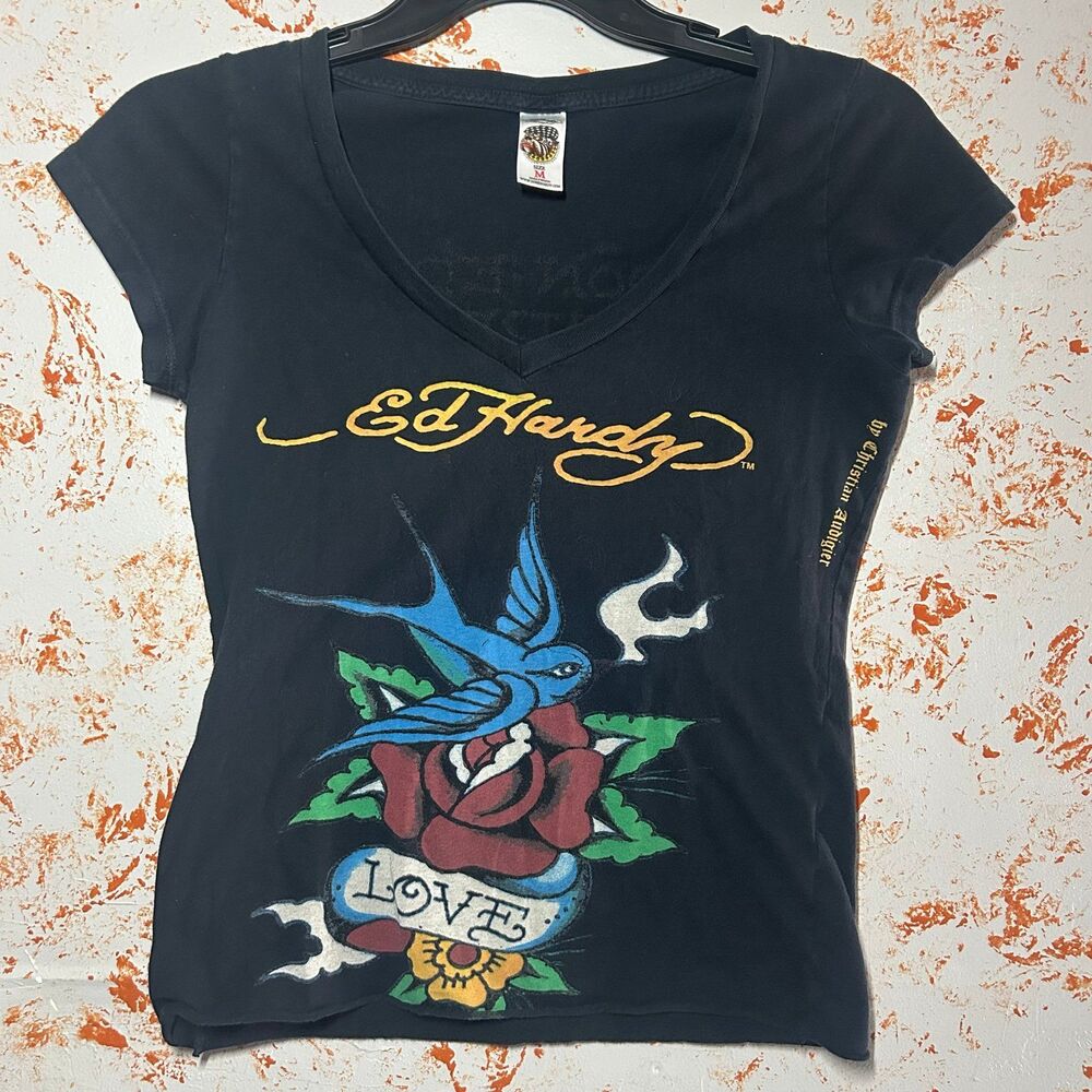 Ed Hardy Love Swallow Rose Shirt Women’s M Black V Neck Y2K Tattoo Tee